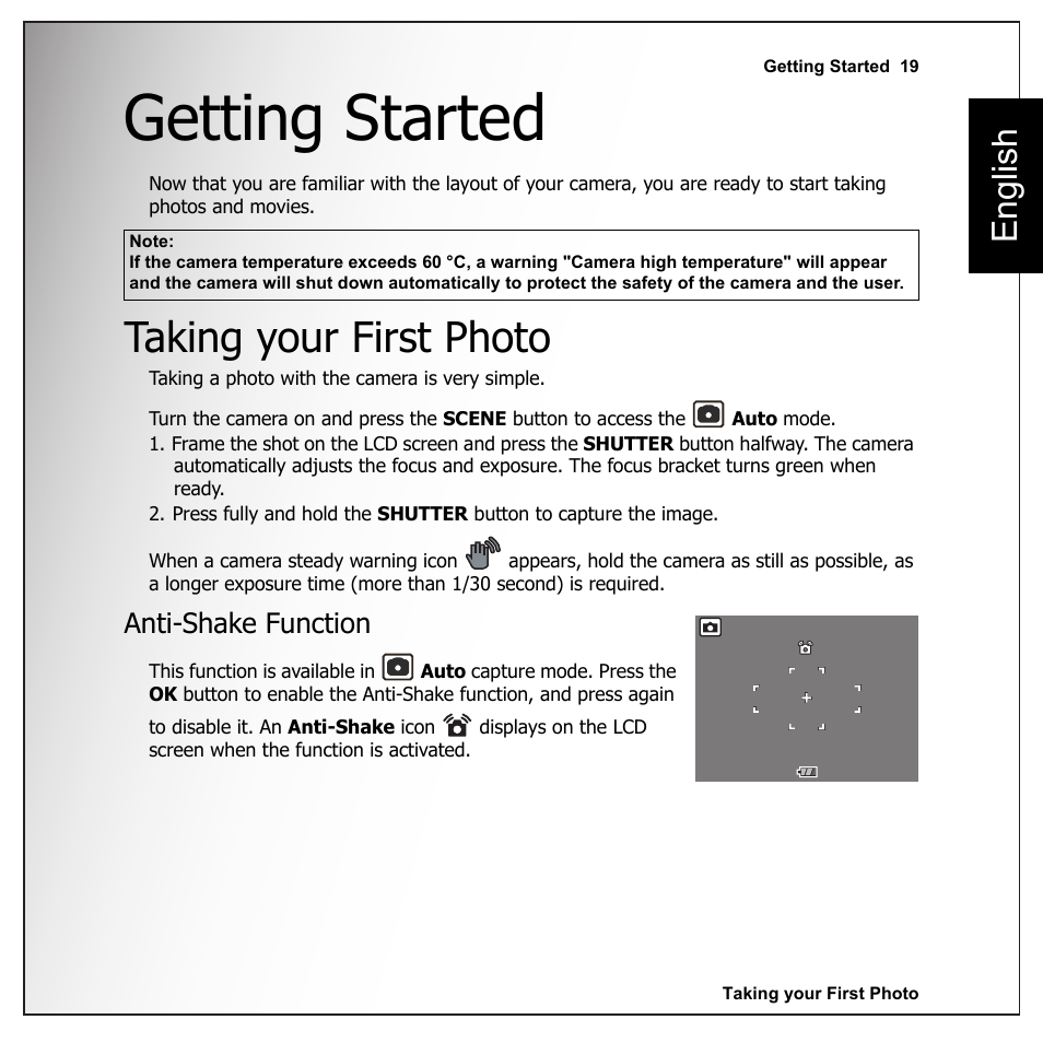 Getting started, Taking your first photo, Anti-shake function | English | Sanyo VPC-E1090 User Manual | Page 31 / 70