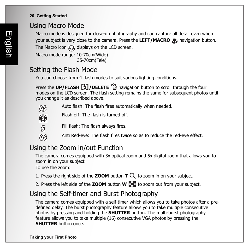 Using macro mode, Setting the flash mode, Using the zoom in/out function | Using the self-timer and burst photography, English | Sanyo VPC-E1090 User Manual | Page 32 / 70