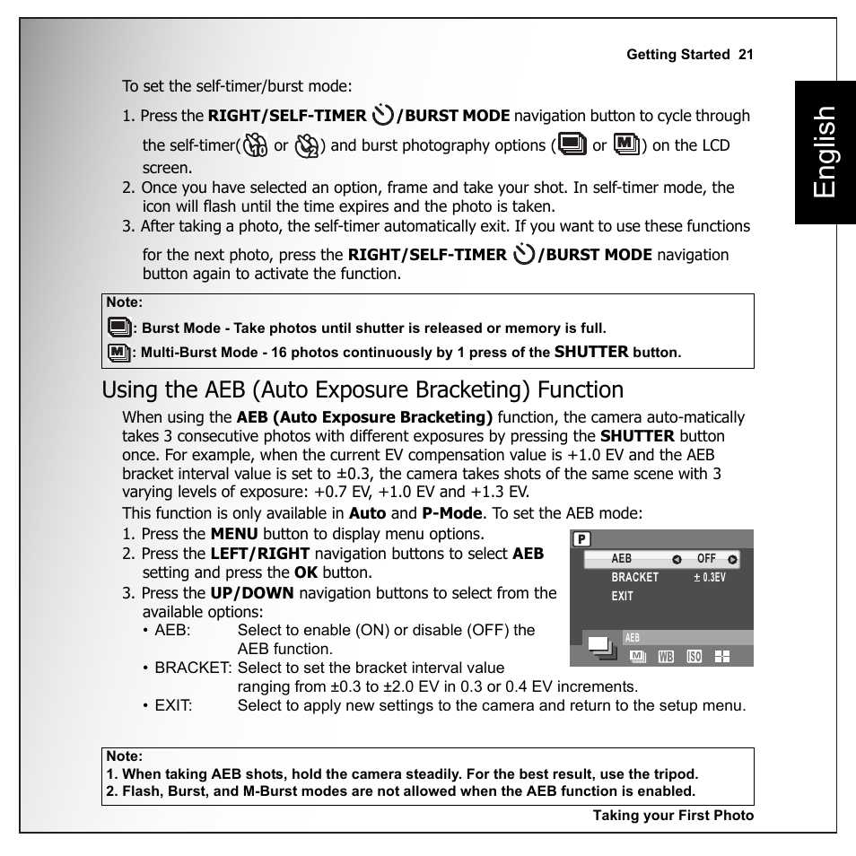 Using the aeb (auto exposure bracketing) function, English | Sanyo VPC-E1090 User Manual | Page 33 / 70