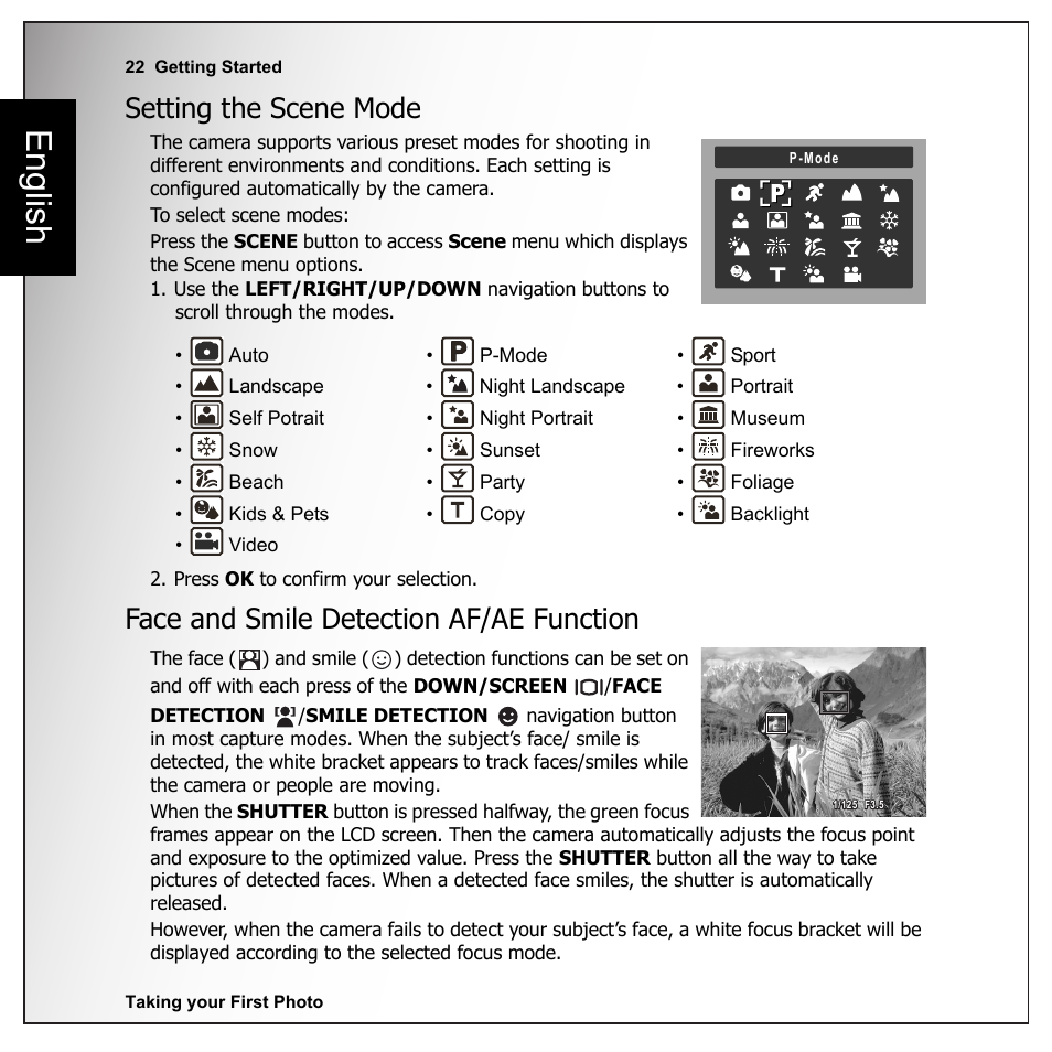 Setting the scene mode, Face and smile detection af/ae function, English | Sanyo VPC-E1090 User Manual | Page 34 / 70