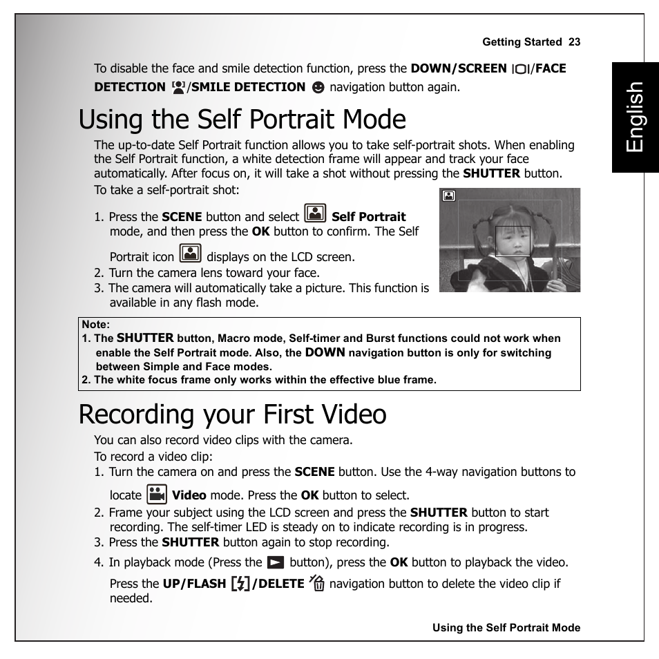 Using the self portrait mode, Recording your first video, English | Sanyo VPC-E1090 User Manual | Page 35 / 70