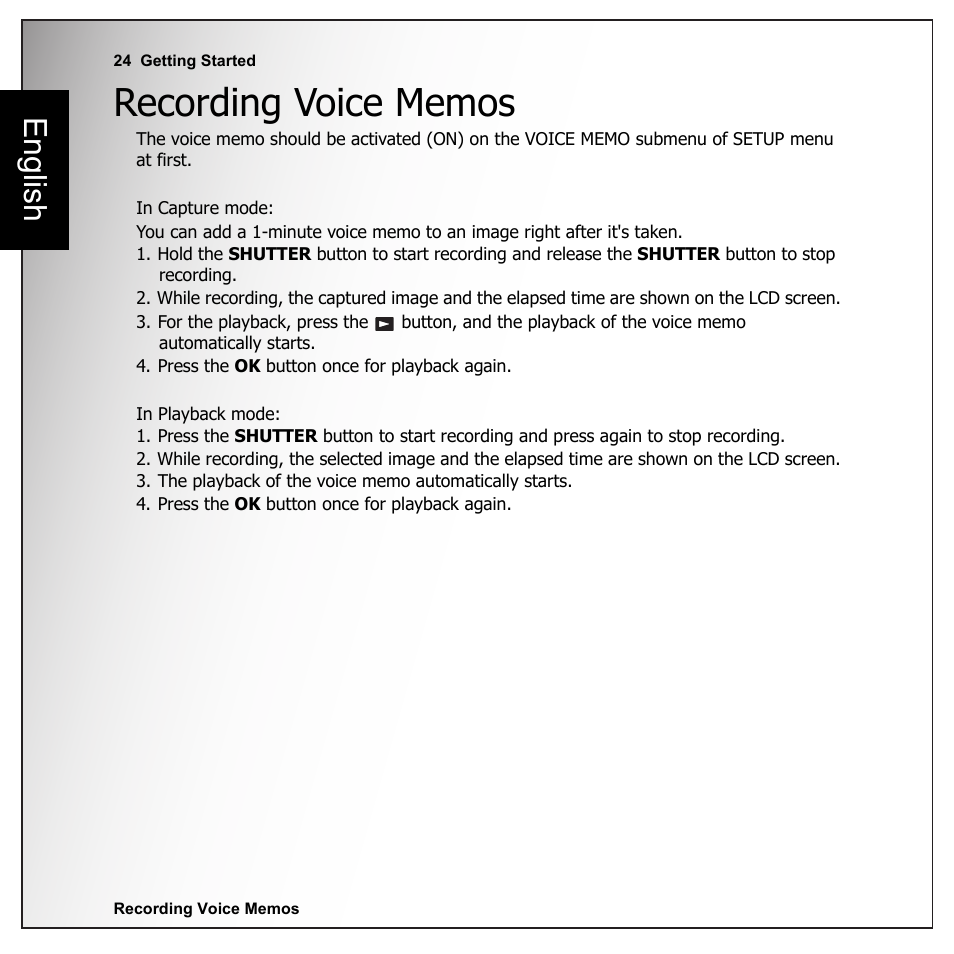 Recording voice memos, English | Sanyo VPC-E1090 User Manual | Page 36 / 70