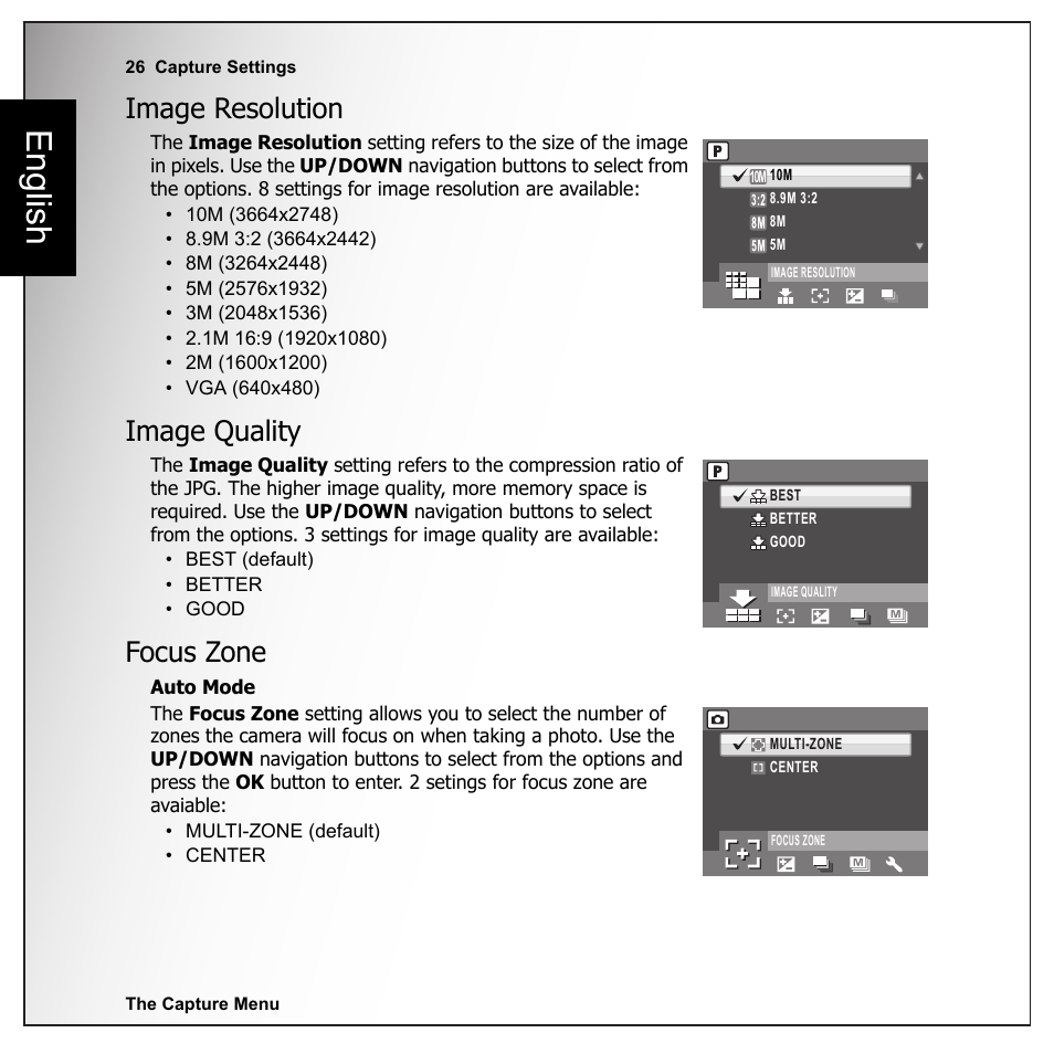 Image resolution, Image quality, Focus zone | Image resolution image quality, English | Sanyo VPC-E1090 User Manual | Page 38 / 70