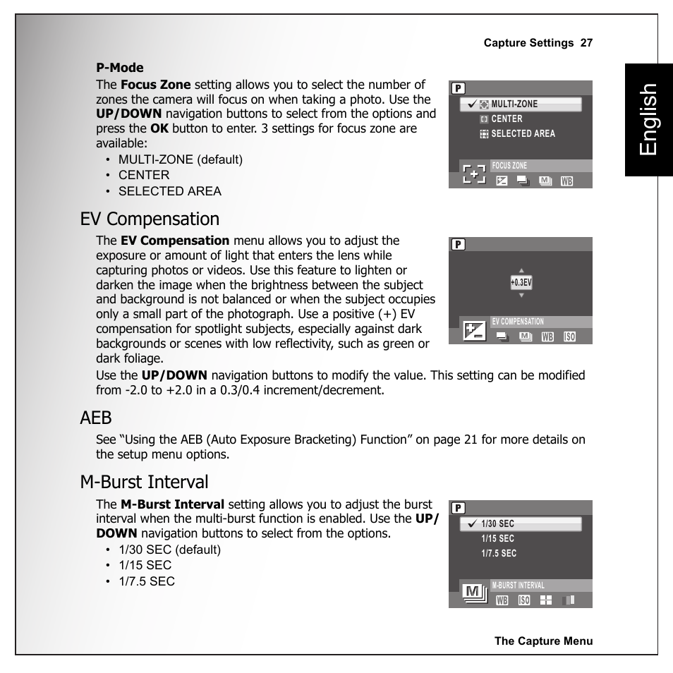 Ev compensation, M-burst interval, Ev compensation aeb m-burst interval | English | Sanyo VPC-E1090 User Manual | Page 39 / 70