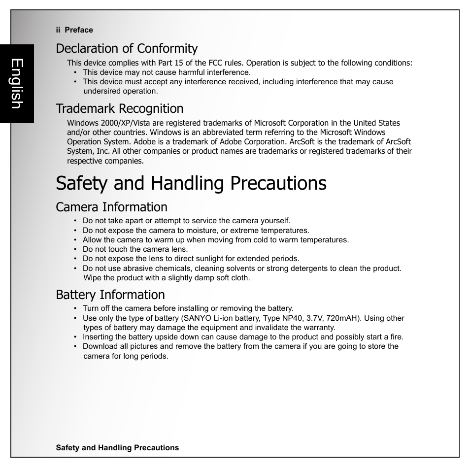 Declaration of conformity, Trademark recognition, Safety and handling precautions | Camera information, Battery information, English | Sanyo VPC-E1090 User Manual | Page 4 / 70