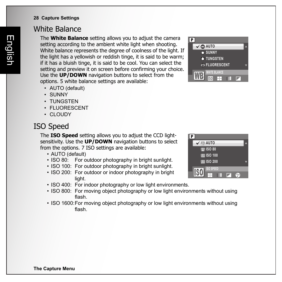 White balance, Iso speed, White balance iso speed | English | Sanyo VPC-E1090 User Manual | Page 40 / 70