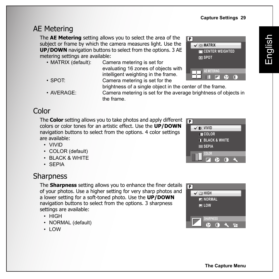 Ae metering, Color, Sharpness | Ae metering color sharpness, English | Sanyo VPC-E1090 User Manual | Page 41 / 70