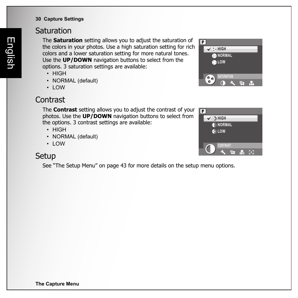 Saturation, Contrast, Setup | Saturation contrast setup, English | Sanyo VPC-E1090 User Manual | Page 42 / 70