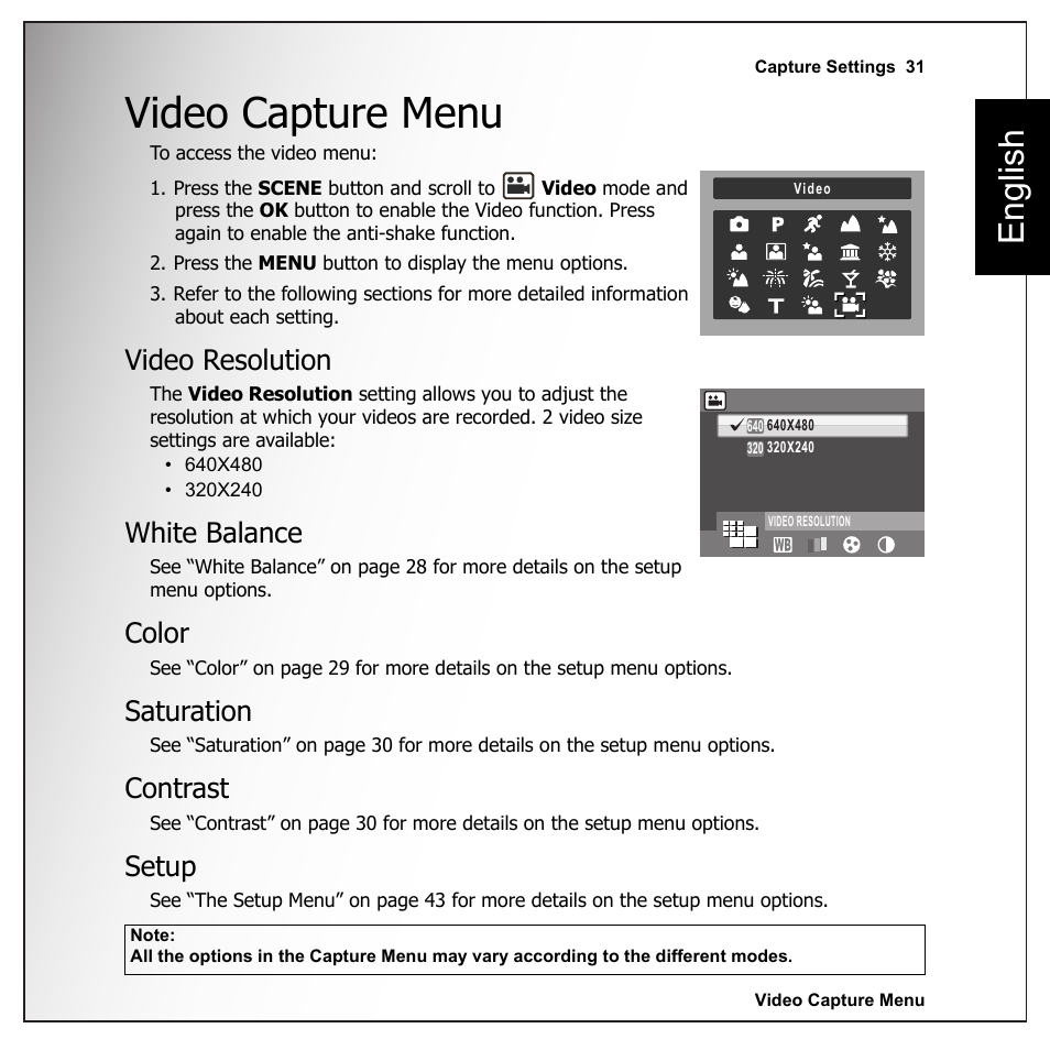 Video capture menu, Video resolution, White balance | Color, Saturation, Contrast, Setup, English | Sanyo VPC-E1090 User Manual | Page 43 / 70