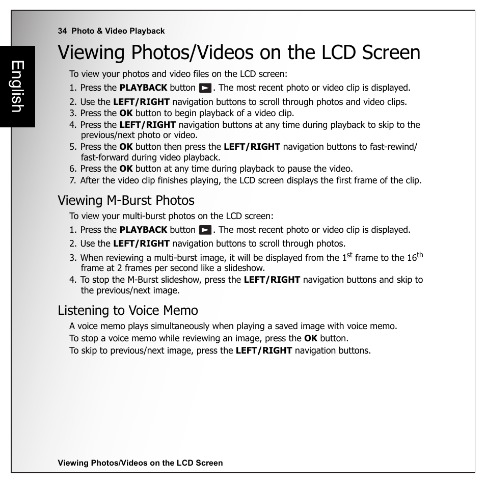 Viewing photos/videos on the lcd screen, Viewing m-burst photos, Listening to voice memo | Viewing m-burst photos listening to voice memo, English | Sanyo VPC-E1090 User Manual | Page 46 / 70