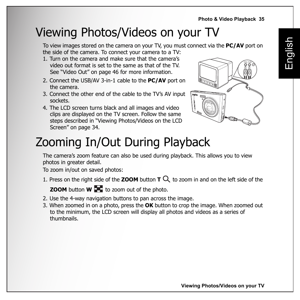Viewing photos/videos on your tv, Zooming in/out during playback, English | Sanyo VPC-E1090 User Manual | Page 47 / 70