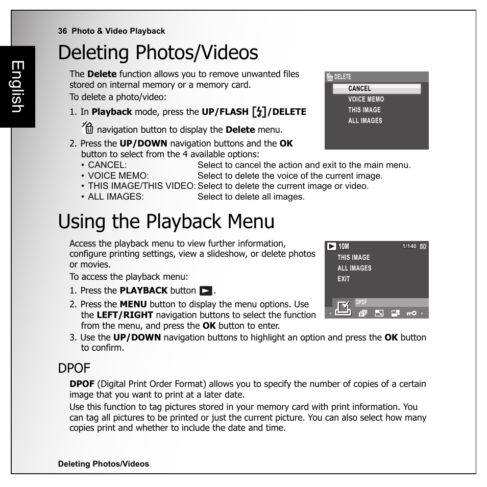 Deleting photos/videos, Using the playback menu, Dpof | Deleting photos/videos using the playback menu, English | Sanyo VPC-E1090 User Manual | Page 48 / 70
