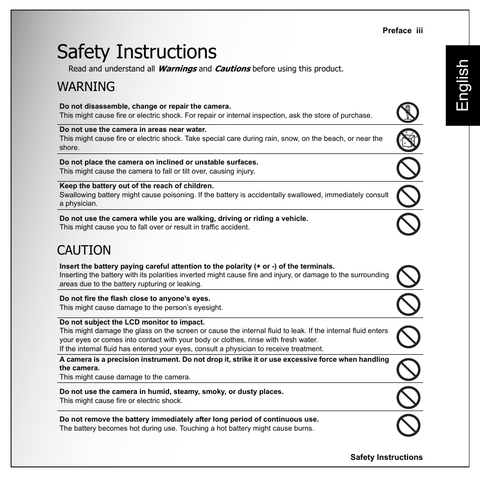Safety instructions, Warning, Caution | English, Warning caution | Sanyo VPC-E1090 User Manual | Page 5 / 70