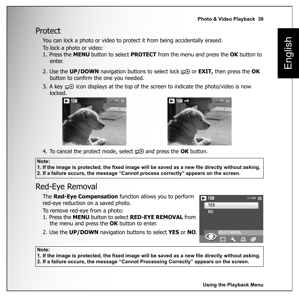 Protect, Red-eye removal, English | Sanyo VPC-E1090 User Manual | Page 51 / 70