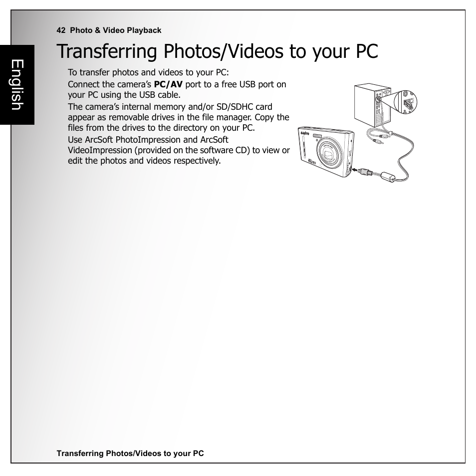 Transferring photos/videos to your pc, English | Sanyo VPC-E1090 User Manual | Page 54 / 70