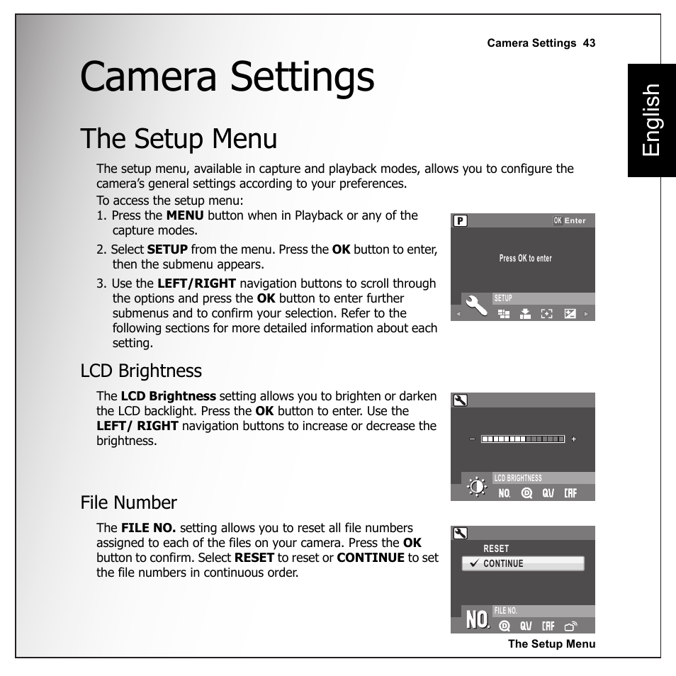 Camera settings, The setup menu, Lcd brightness | File number, Lcd brightness file number, English | Sanyo VPC-E1090 User Manual | Page 55 / 70