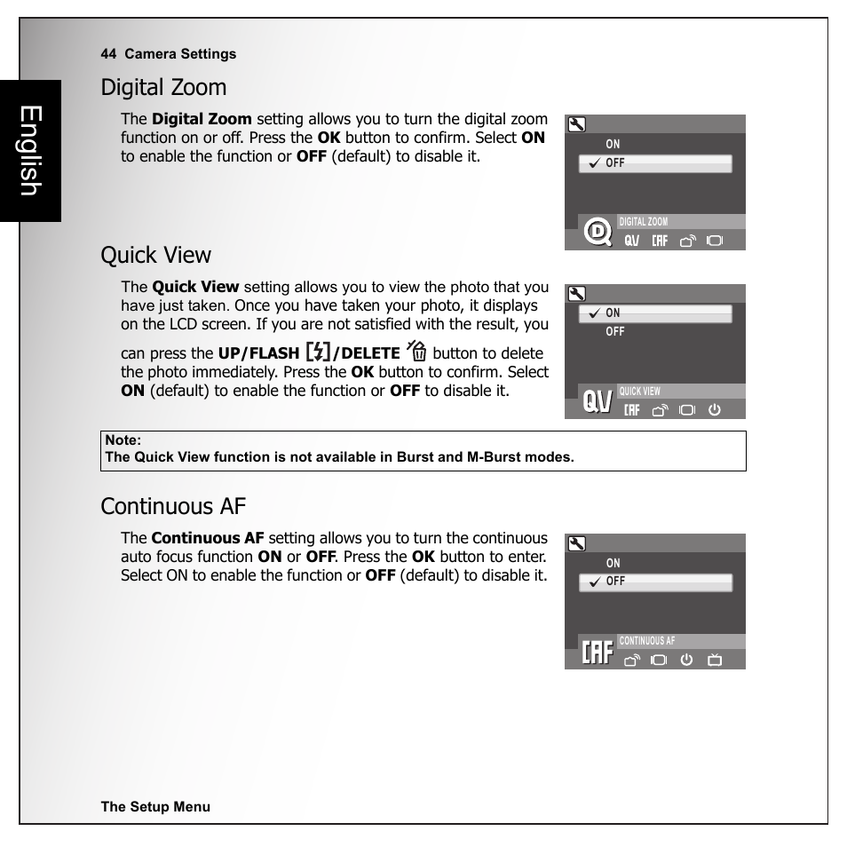 Digital zoom, Quick view, Continuous af | Digital zoom quick view continuous af, English | Sanyo VPC-E1090 User Manual | Page 56 / 70
