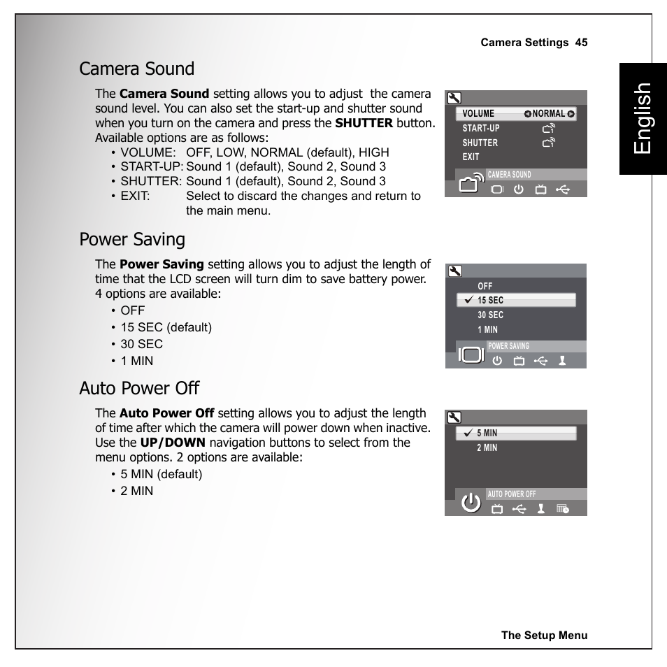 Camera sound, Power saving, Auto power off | Camera sound power saving auto power off, English | Sanyo VPC-E1090 User Manual | Page 57 / 70