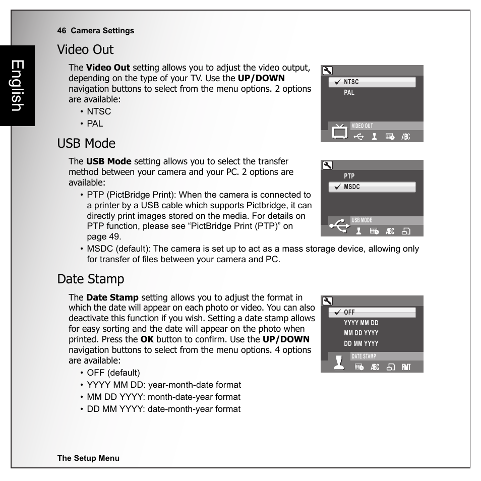 Video out, Usb mode, Date stamp | Video out usb mode date stamp, English | Sanyo VPC-E1090 User Manual | Page 58 / 70