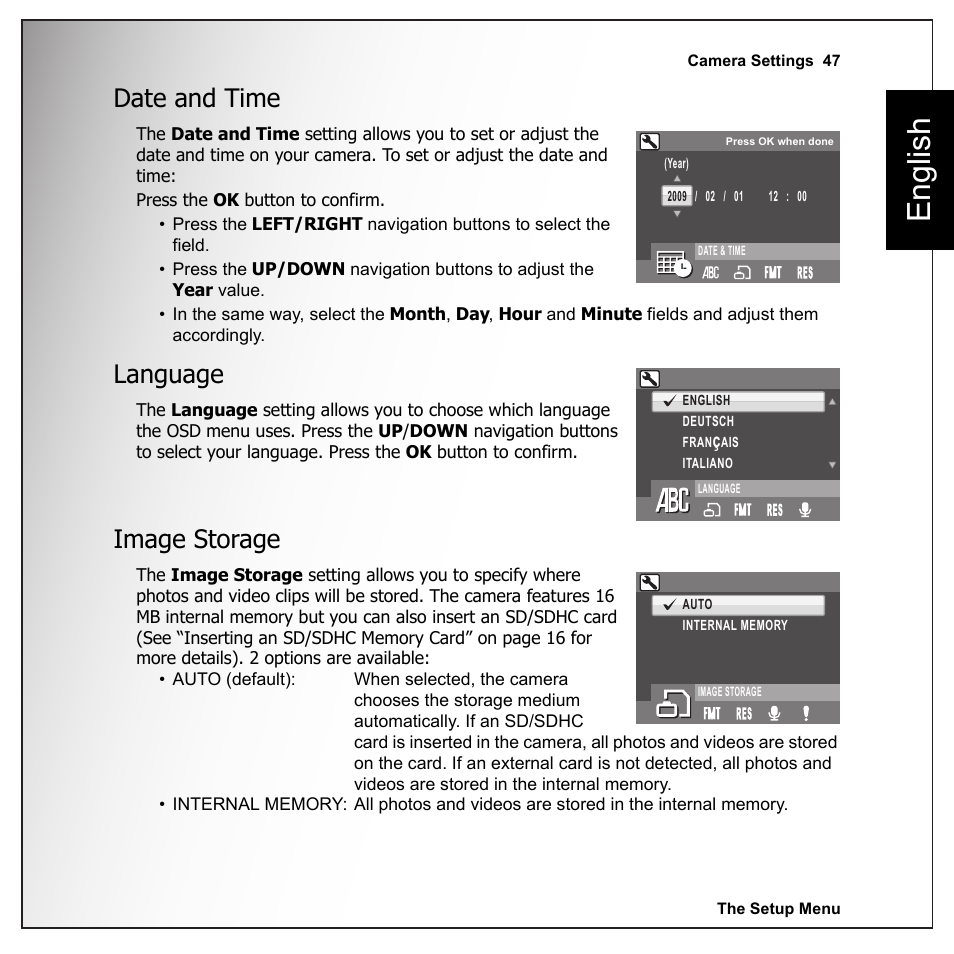 Date and time, Language, Image storage | Date and time language image storage, English | Sanyo VPC-E1090 User Manual | Page 59 / 70