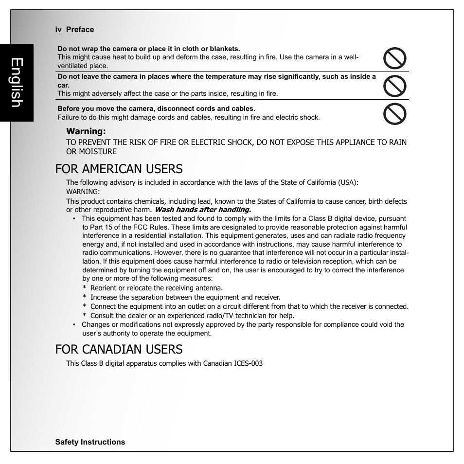 For american users, For canadian users, English | Sanyo VPC-E1090 User Manual | Page 6 / 70