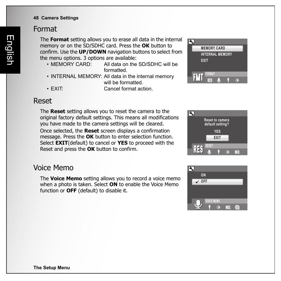 Format, Reset, Voice memo | Format reset voice memo, English | Sanyo VPC-E1090 User Manual | Page 60 / 70