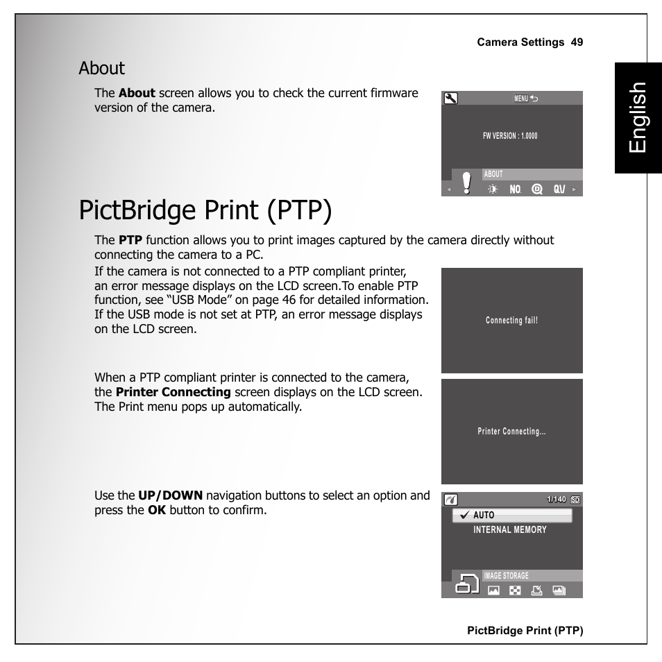 About, Pictbridge print (ptp), English | Sanyo VPC-E1090 User Manual | Page 61 / 70