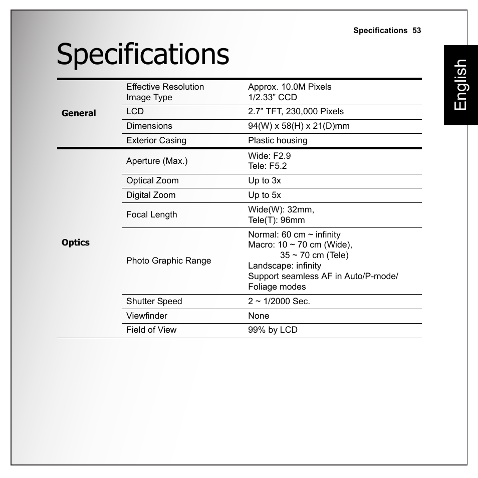 Specifications, English | Sanyo VPC-E1090 User Manual | Page 65 / 70