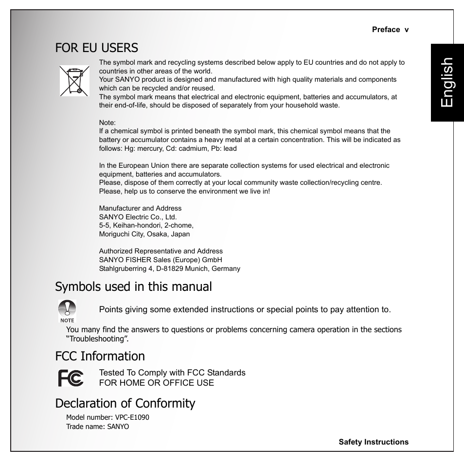 For eu users, Symbols used in this manual, Fcc information | Declaration of conformity, English, For eu users symbols used in this manual, Fcc information declaration of conformity | Sanyo VPC-E1090 User Manual | Page 7 / 70