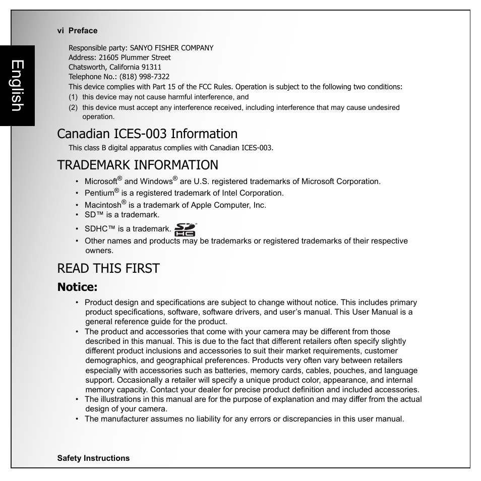 Canadian ices-003 information, Trademark information, Read this first | English, Notice | Sanyo VPC-E1090 User Manual | Page 8 / 70