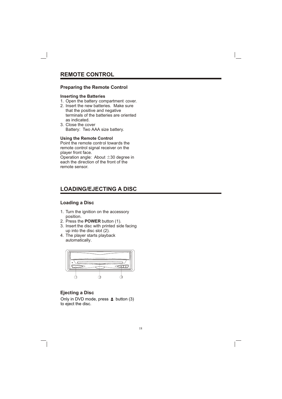 Т³гж 18, Remote control, Loading/ejecting a disc | Sanyo ECD-T1580DV User Manual | Page 18 / 40