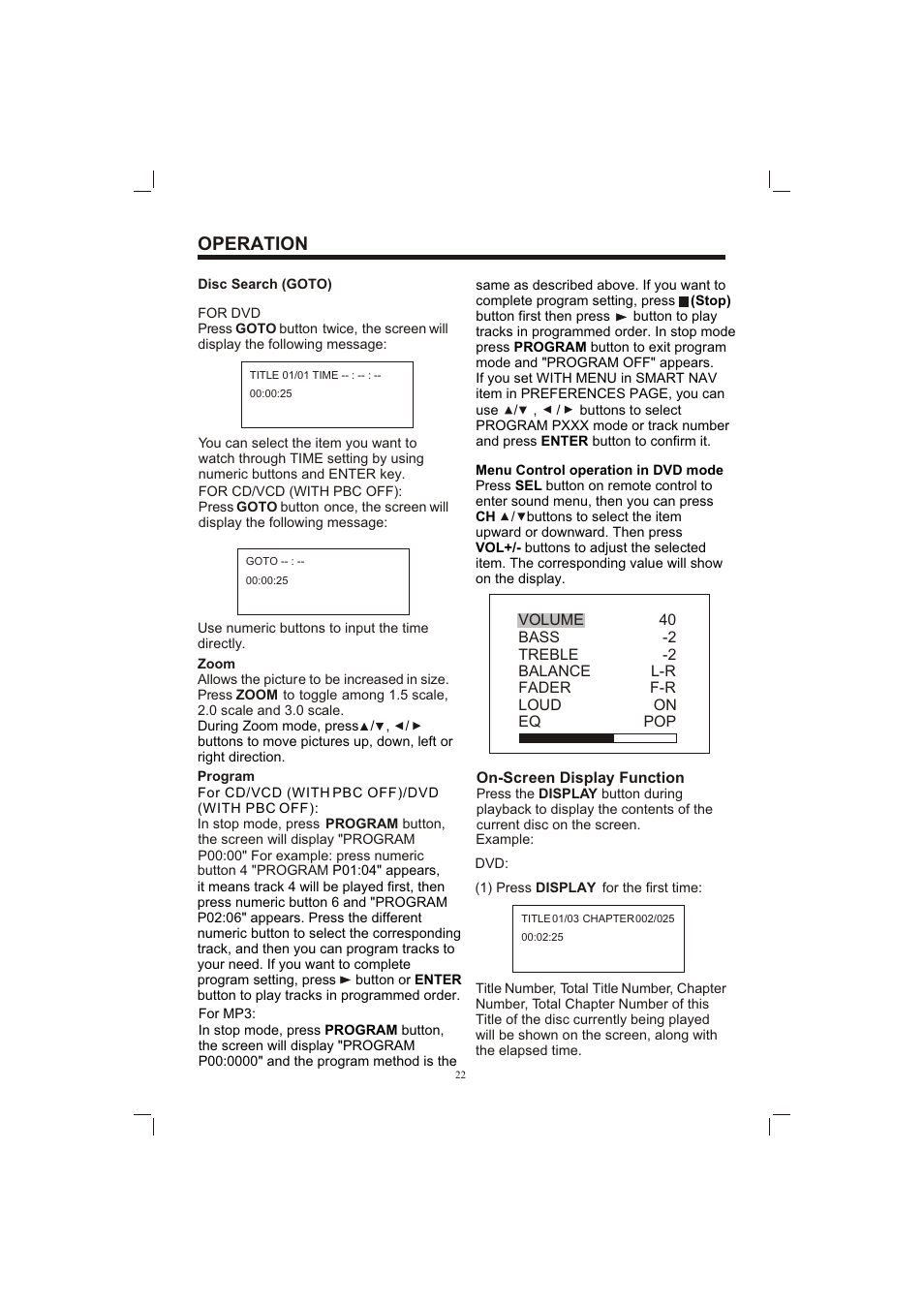 Т³гж 22, Operation | Sanyo ECD-T1580DV User Manual | Page 22 / 40