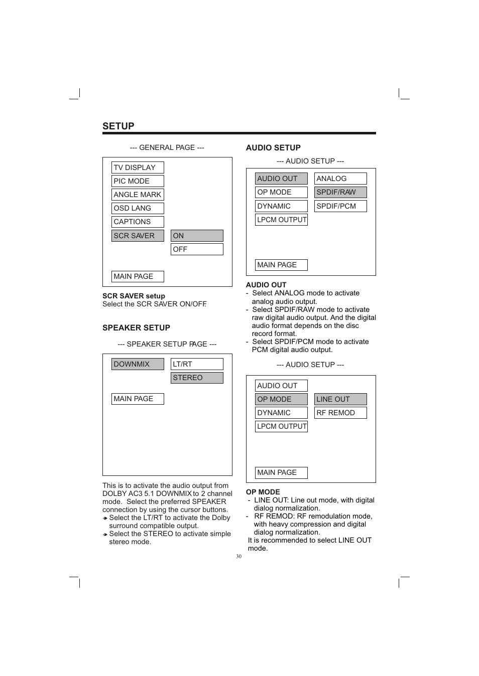 Т³гж 30, Setup | Sanyo ECD-T1580DV User Manual | Page 30 / 40