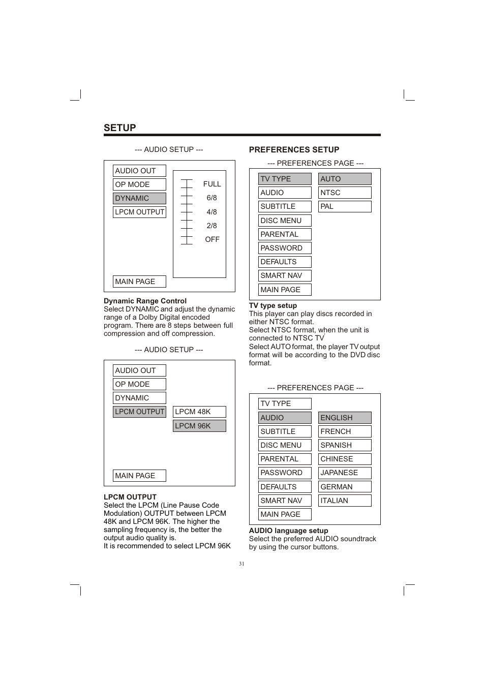 Т³гж 31, Setup | Sanyo ECD-T1580DV User Manual | Page 31 / 40