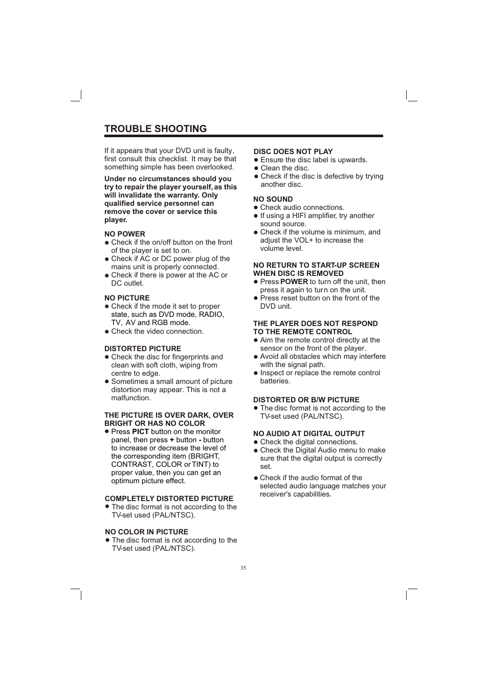 Т³гж 35, Trouble shooting | Sanyo ECD-T1580DV User Manual | Page 35 / 40