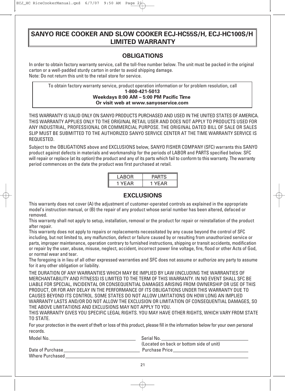 Sanyo ECJ-HC100H User Manual | Page 21 / 21