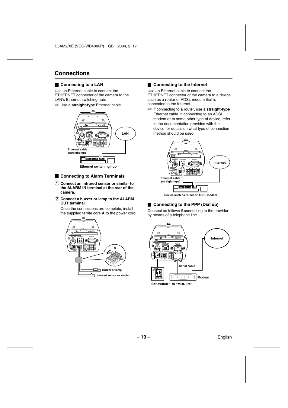 Connections, Connecting to a lan, Connecting to alarm terminals | Connecting to the internet, Connecting to the ppp (dial up), English, Use a straight-type ethernet cable, Ethernet switching hub lan, Internet, Set switch 1 to “modem” modem | Sanyo VCC-WB4000P User Manual | Page 11 / 78