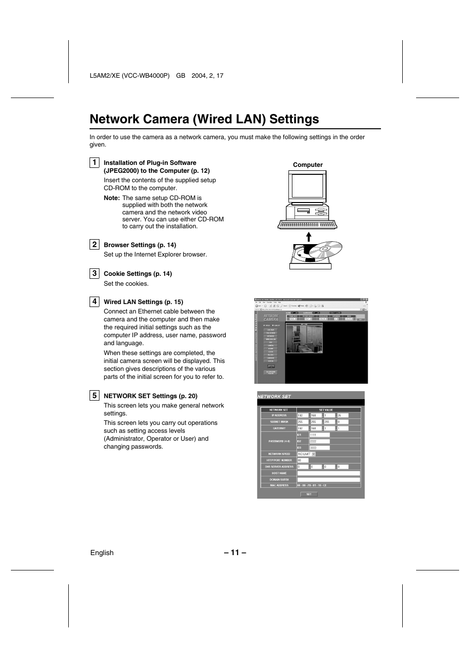 Network camera (wired lan) settings | Sanyo VCC-WB4000P User Manual | Page 12 / 78