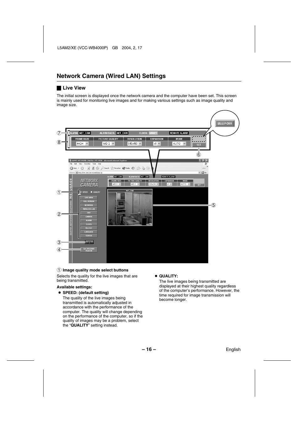 Network camera (wired lan) settings | Sanyo VCC-WB4000P User Manual | Page 17 / 78