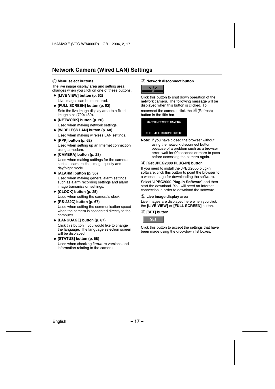 Network camera (wired lan) settings | Sanyo VCC-WB4000P User Manual | Page 18 / 78