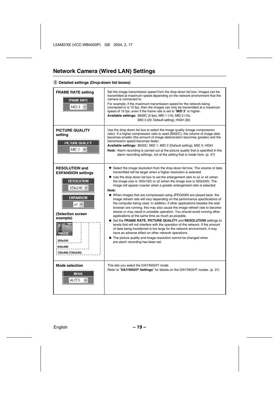 Network camera (wired lan) settings | Sanyo VCC-WB4000P User Manual | Page 20 / 78