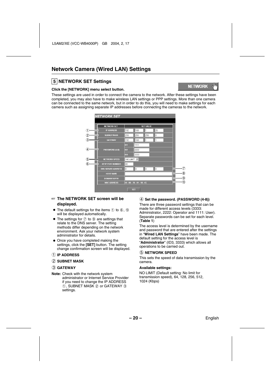 Network camera (wired lan) settings | Sanyo VCC-WB4000P User Manual | Page 21 / 78