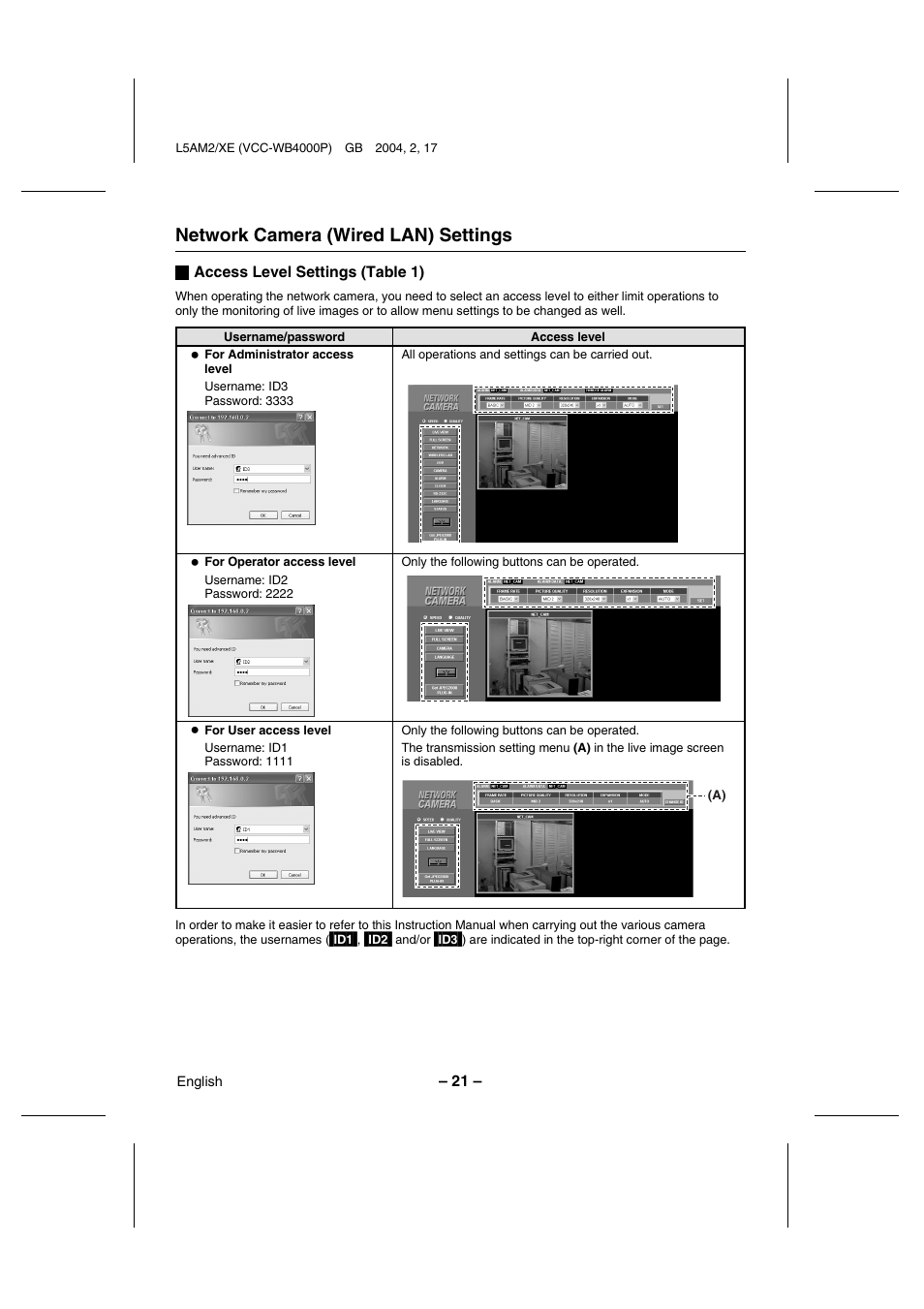 Network camera (wired lan) settings | Sanyo VCC-WB4000P User Manual | Page 22 / 78