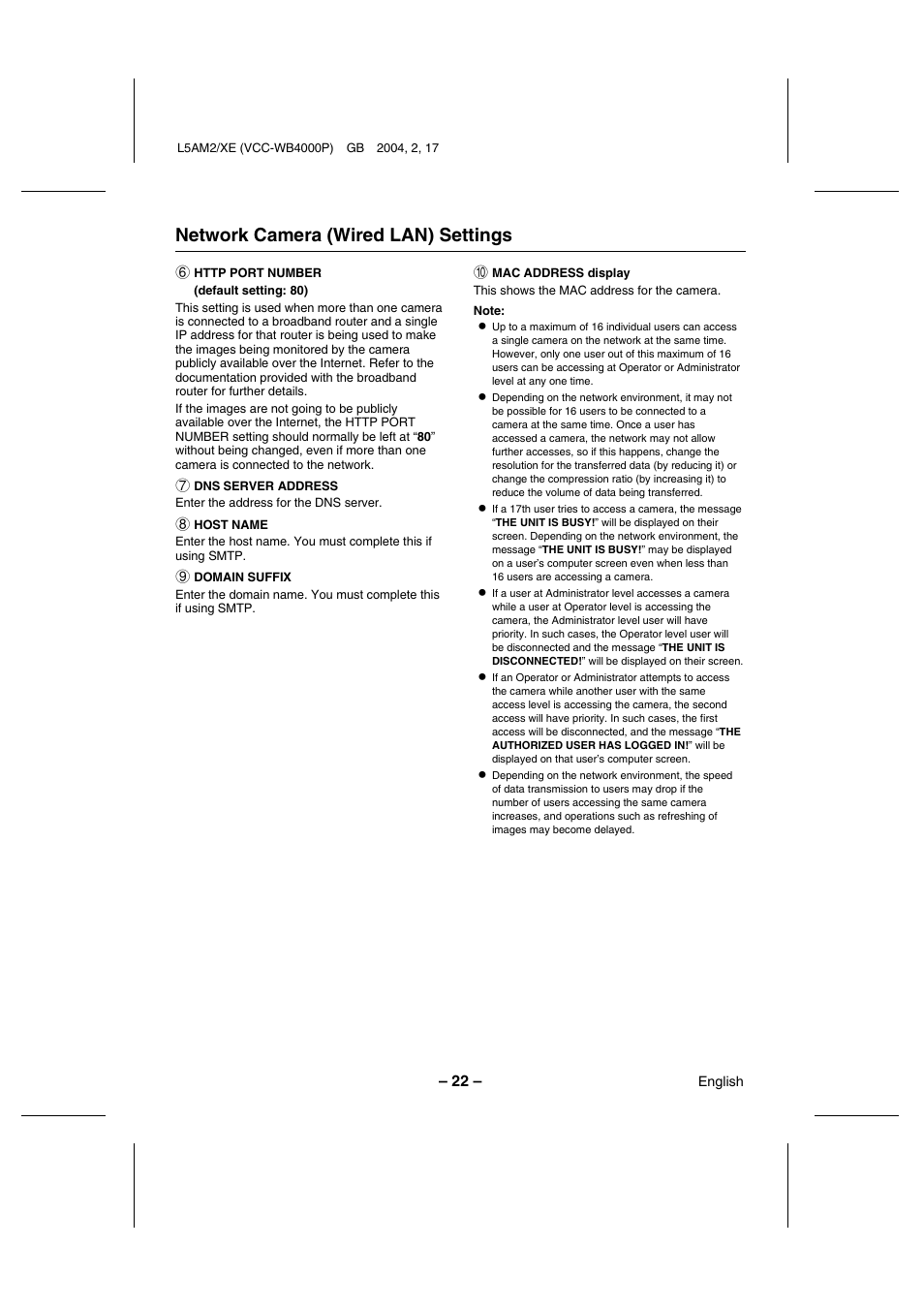 Network camera (wired lan) settings | Sanyo VCC-WB4000P User Manual | Page 23 / 78