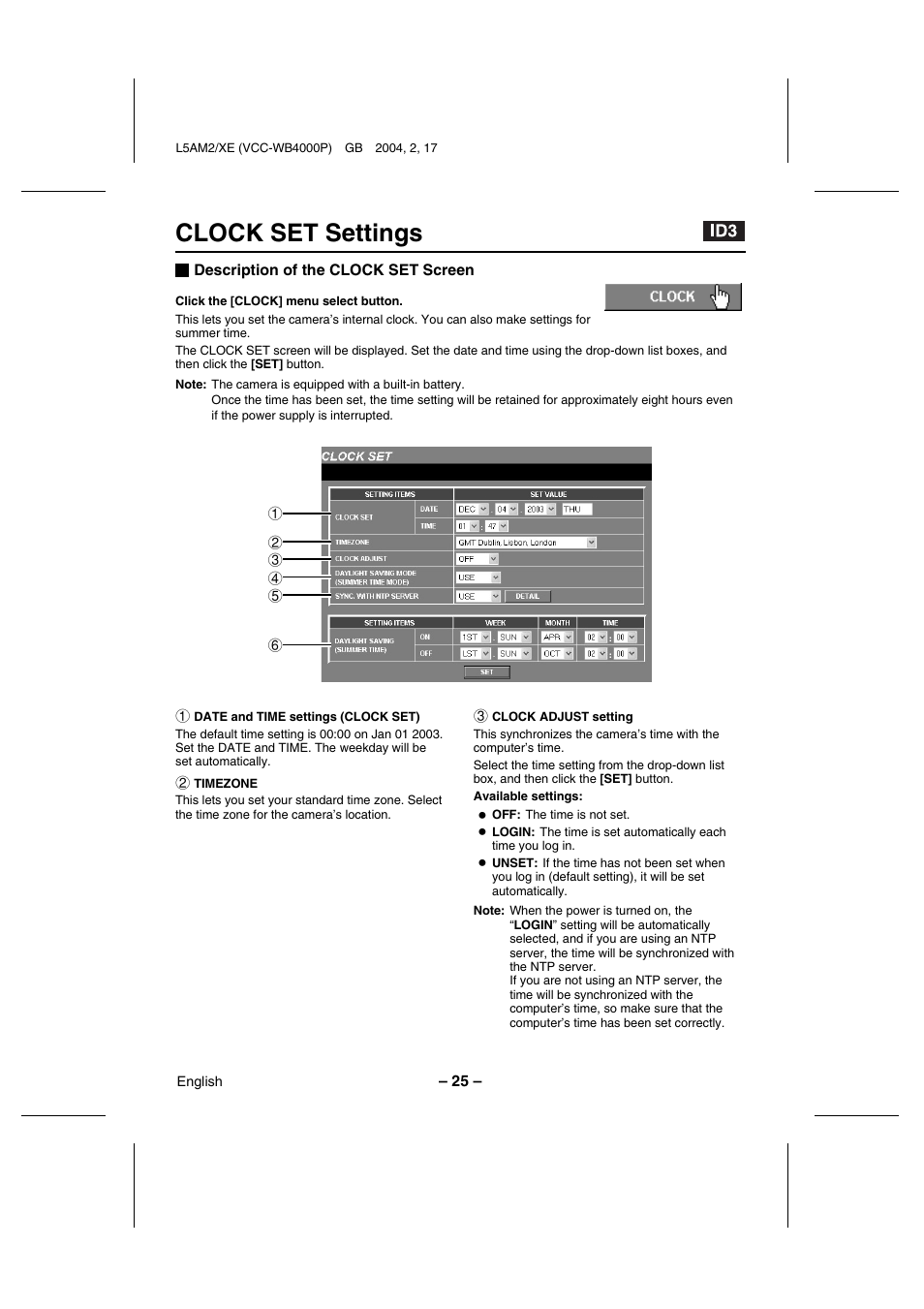 Clock set settings | Sanyo VCC-WB4000P User Manual | Page 26 / 78