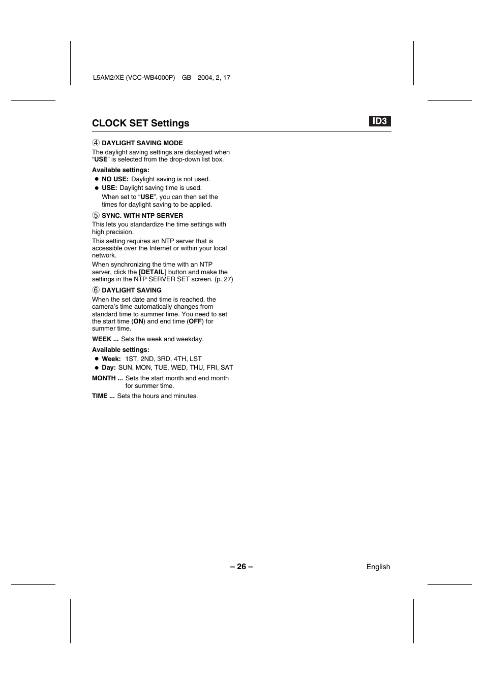 Clock set settings | Sanyo VCC-WB4000P User Manual | Page 27 / 78