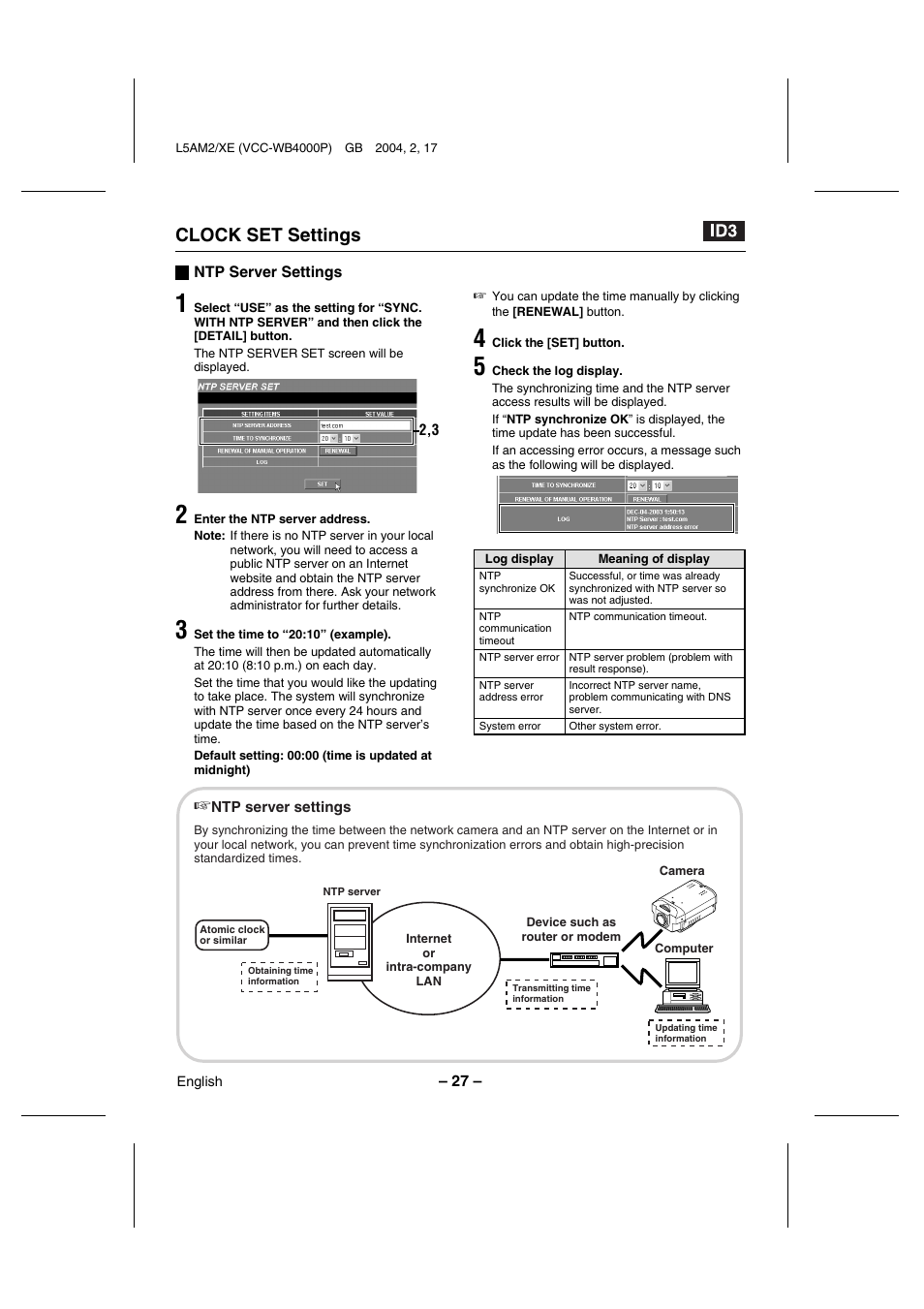 Clock set settings | Sanyo VCC-WB4000P User Manual | Page 28 / 78