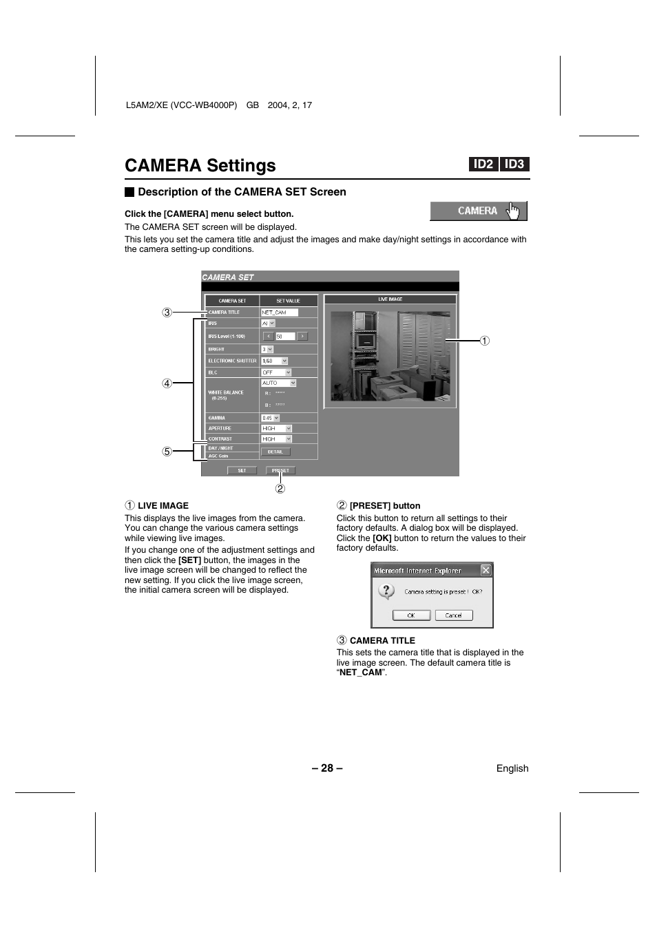 Camera settings | Sanyo VCC-WB4000P User Manual | Page 29 / 78