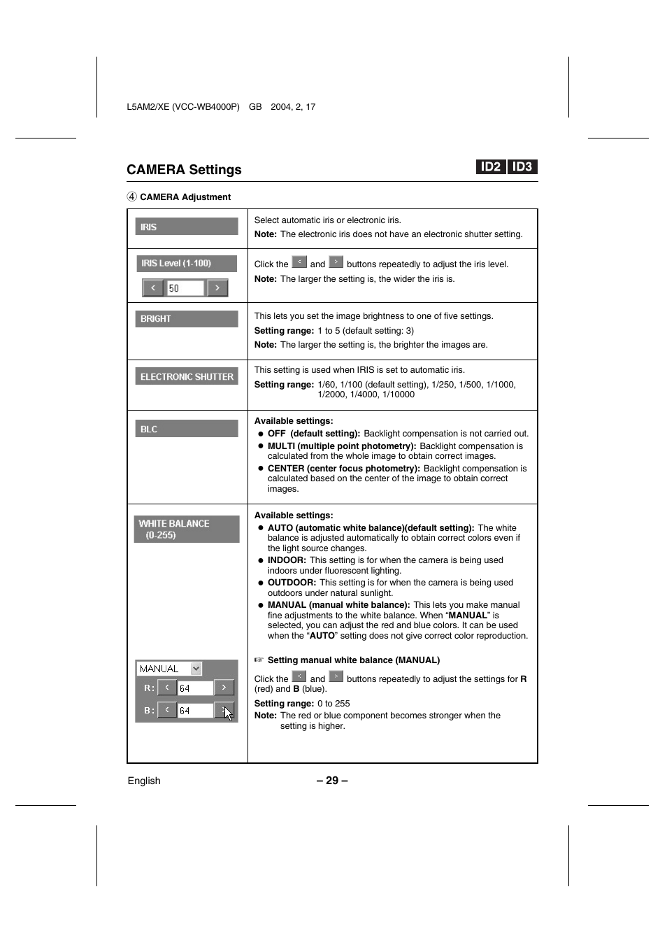 Camera settings | Sanyo VCC-WB4000P User Manual | Page 30 / 78