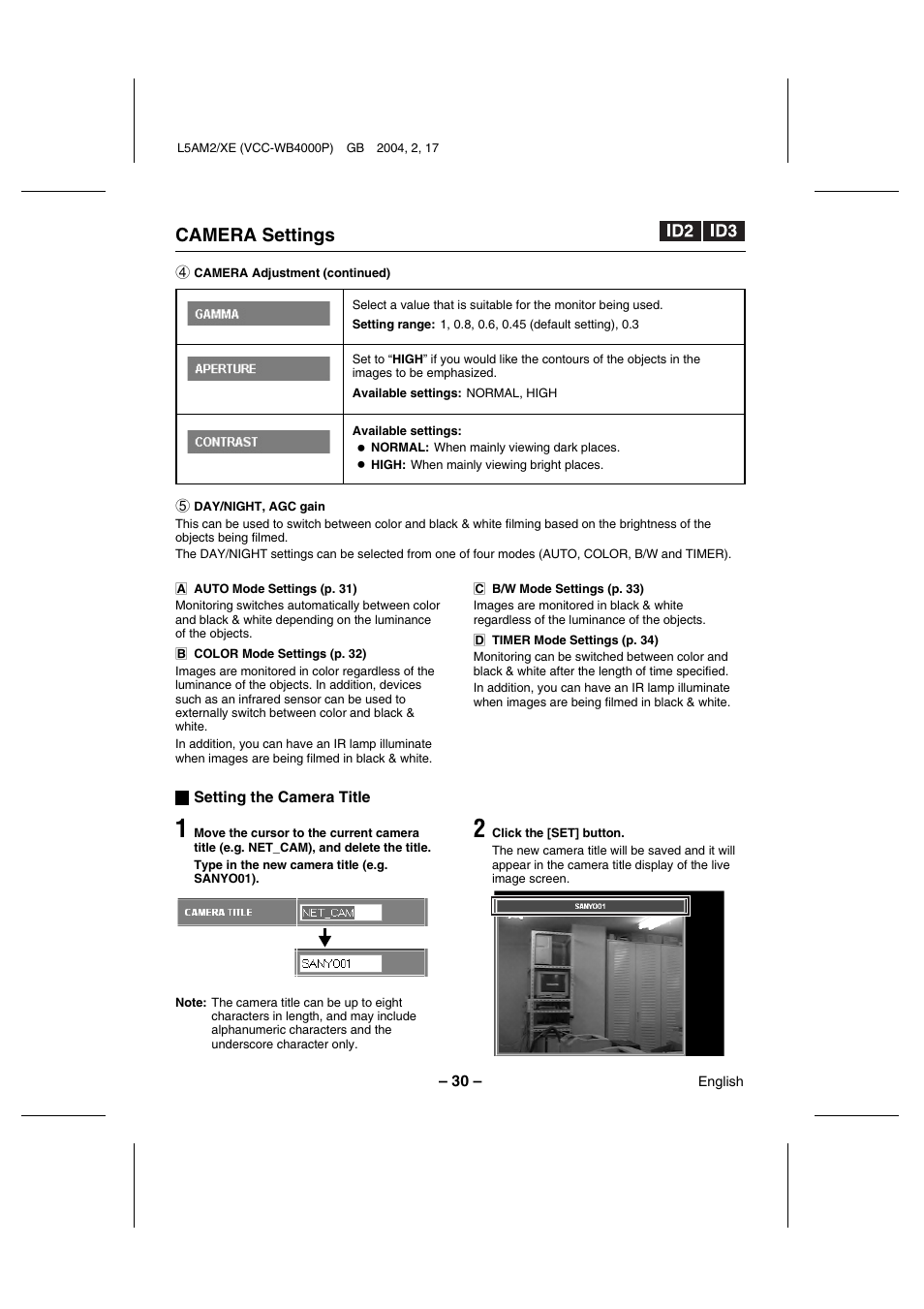 Camera settings | Sanyo VCC-WB4000P User Manual | Page 31 / 78